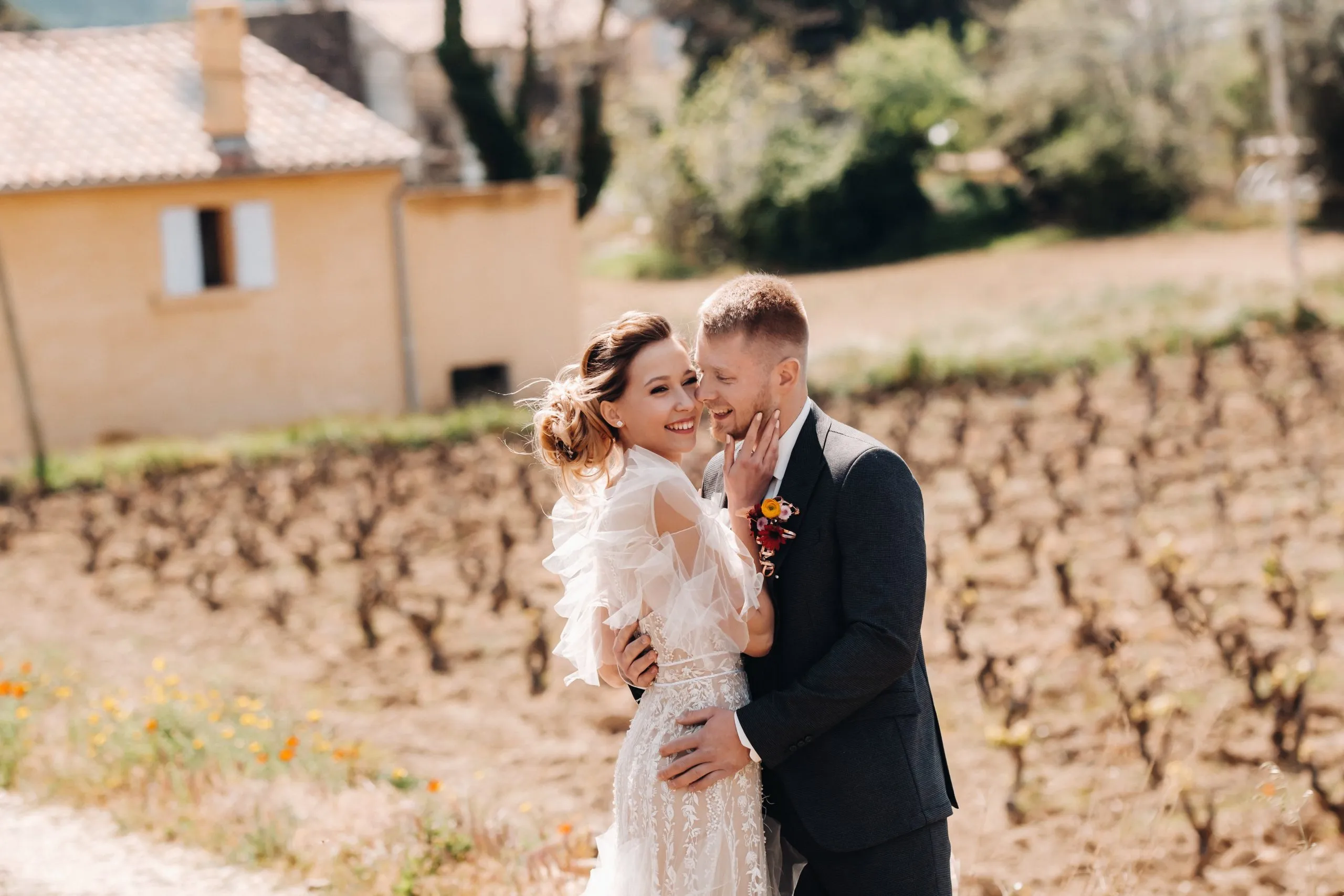 Wedding couple near a Villa in France.Wedding in Provence.Wedding photo shoot in France
