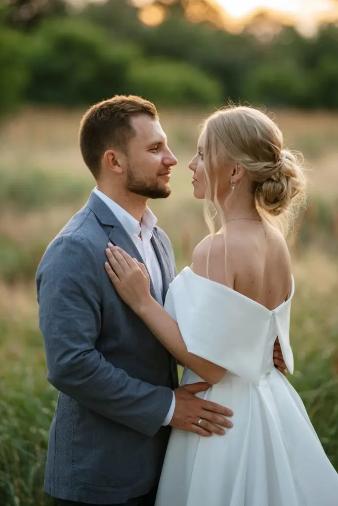 bride and groom on in the woods