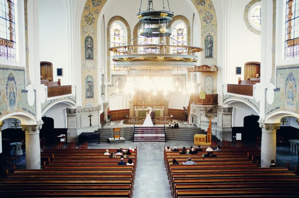 High angle view of wedding ceremony in church
