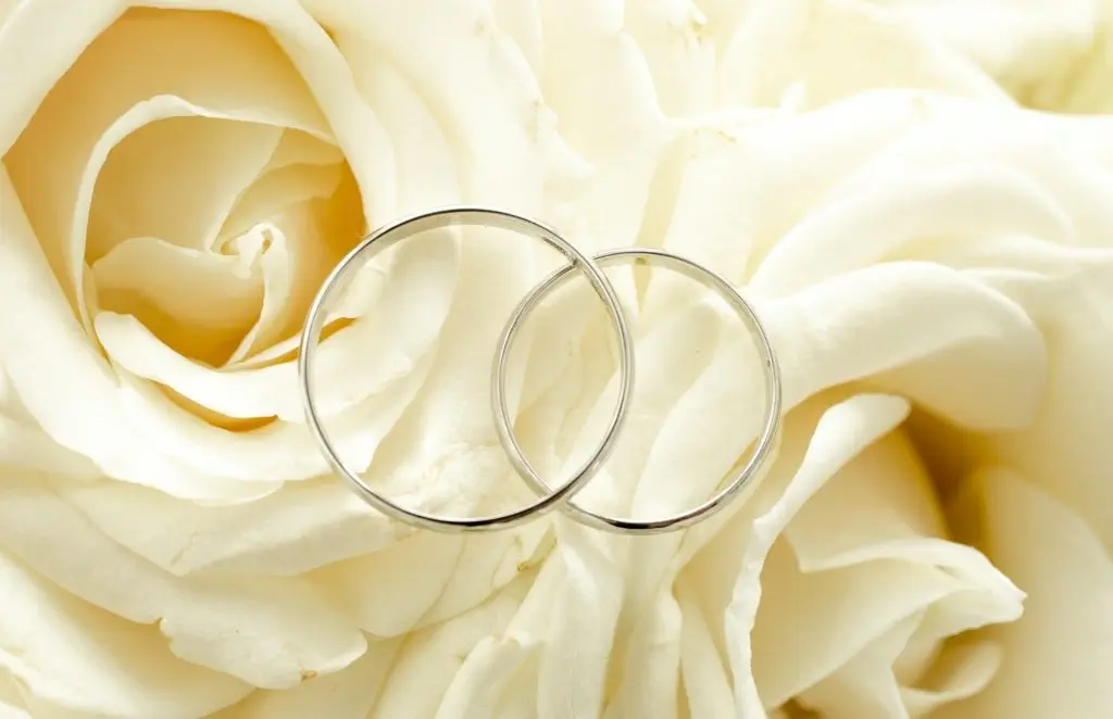 Macro photo of two wedding rings lying on bridal bouquet